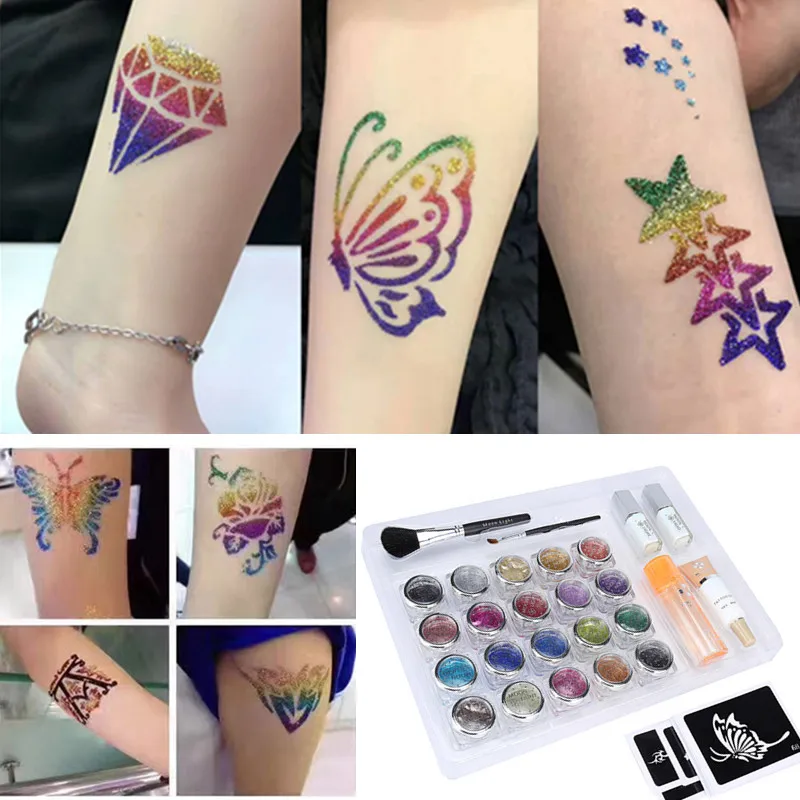 

FAMISOO 20 Colors 1 Set Temporary Glitter Glue Tattoo Kit Brush White Gel Diamond Powder Stencils Body Painting Makeup Princess