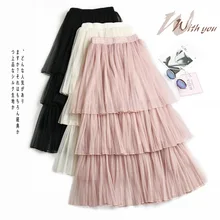 Лето Новое поступление Женская плиссированная юбка с высокой талией Полиэстер Длинный сказочный стиль сплошной цвет