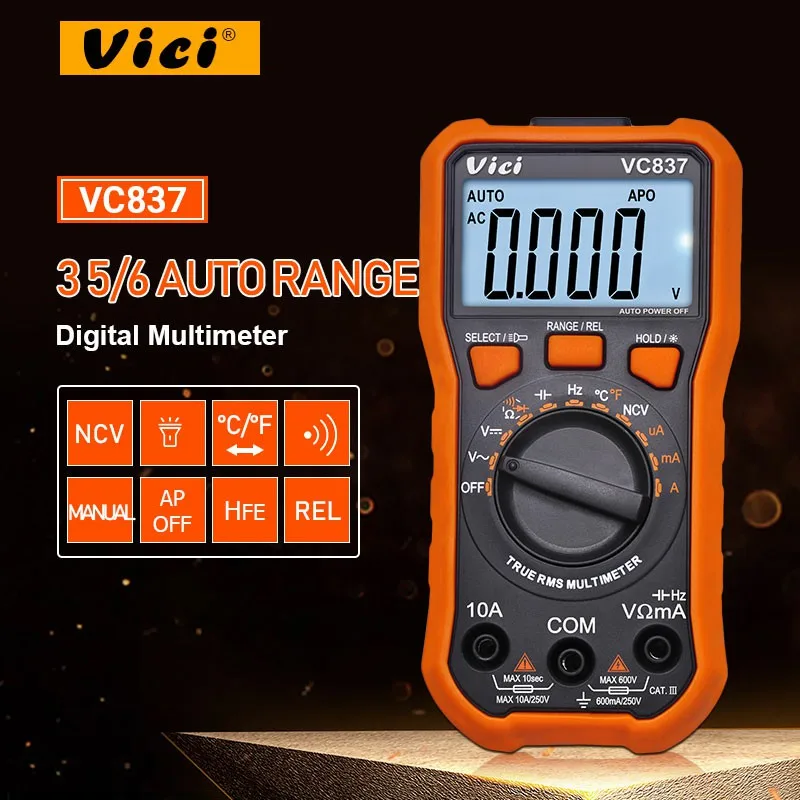 

VICI VC837 True RMS 3 5/ 6 Digital Multimeter Auto Range Capacitance Resistance NCV Temperature Fequency Diode hFE Test