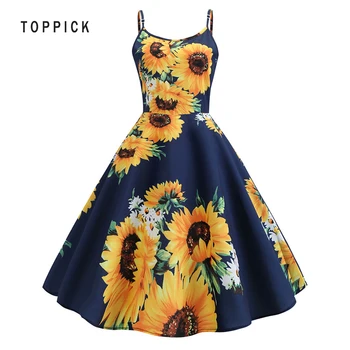

Sexy Sunflower Printed Beach Dress Summer Sundress Women Blue White Spaghetti Strap Swing Vintage Rockabilly Party Dresses