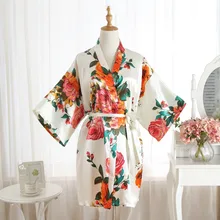 Белая Женская атласная короткая ночная рубашка кимоно халат халат цветочные пижамы Свадебные невесты сексуальное платье один размер