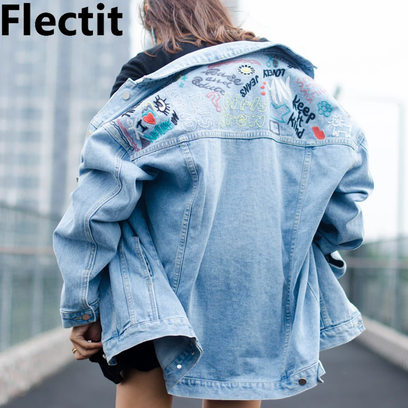 

Flectit Vintage Embroidery Denim Jacket Women 90's Light Blue Oversize Trucker Jean Jackets Female Basic Jackets & Coats