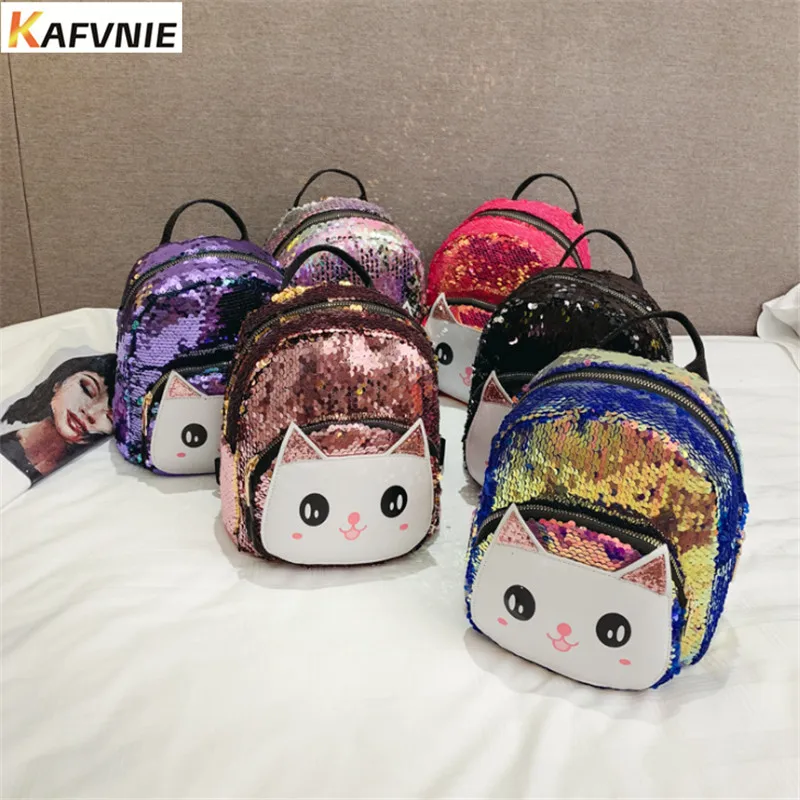 

KAFVNIE Shiny New Mini Backpack For Children Teenagers Cute Change Color Backpack with Candy Kitty Shoulder Bags Female Gift Bag