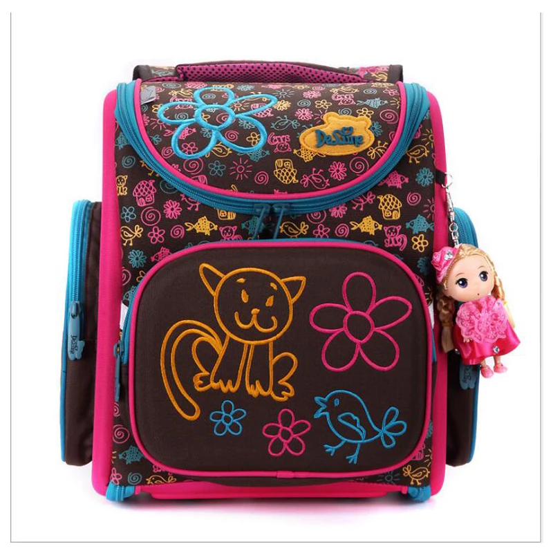 Orthopedic Delune 2018 New European Children School Bag Girls Lovely Cat pattern Cartoon Mochila Infantil Large Capacity bookbag delune new style large capacity girls cartoon school backpack orthopedic ergonomic design children bear pattern school bag