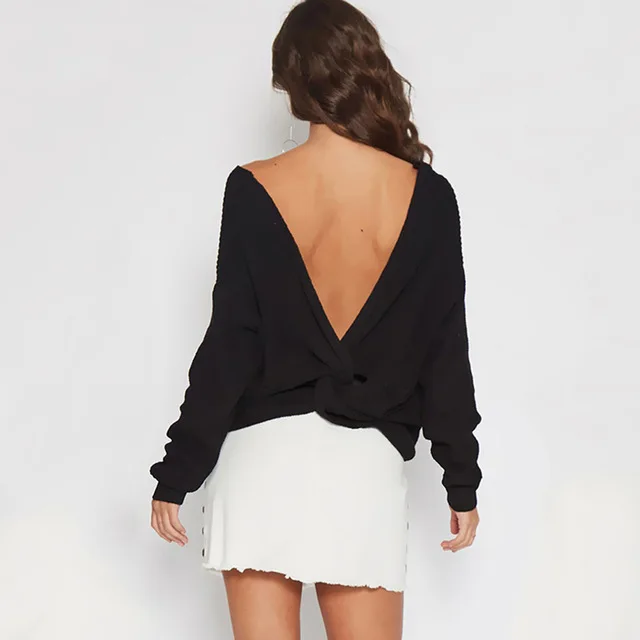 Solid Black Backless Sexy Women Sweater V neck Full Sleeve Ruched Lady ...
