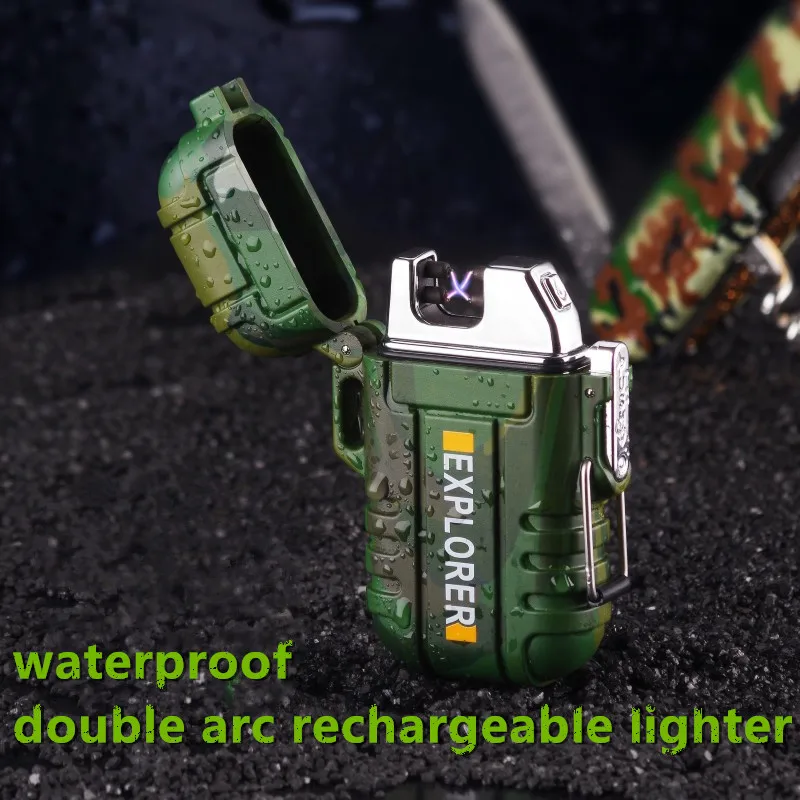 

Outdoor portable waterproof double arc rechargeable lighter safety button wind proof silent cigarette lighter