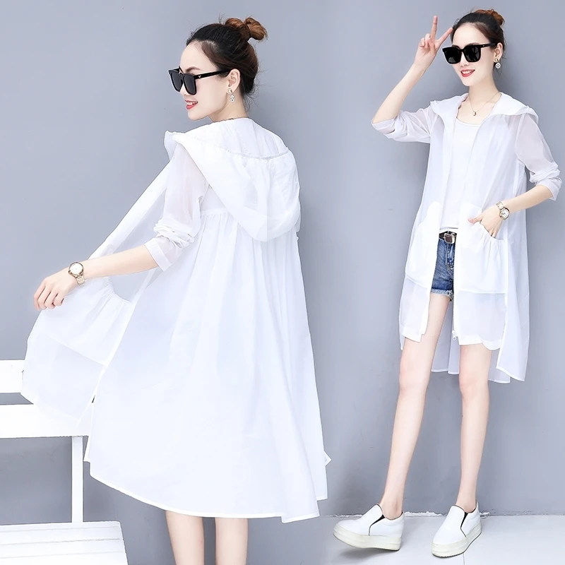 

Fashion Women sun protection Coat big size Sun Proof Coat jacket Summer Hooded sunscreen Coat long thin beach jacket S M L-3XL