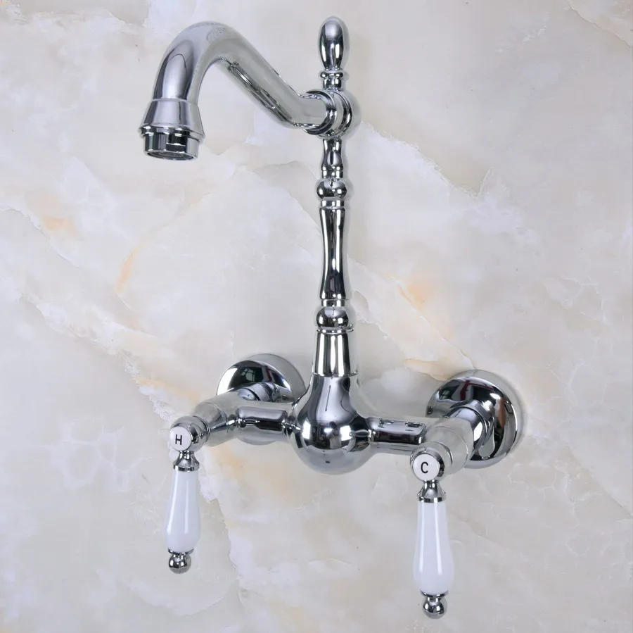 Polished Chrome Brass Wall Mounted Double Ceramic Handles Levers Bathroom Kitchen Sink Faucet Mixer Tap Swivel Spout anf961