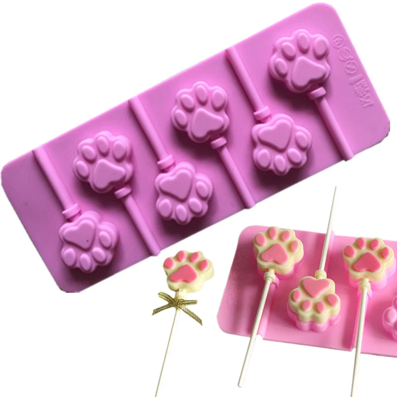 6 Holes Cat Dog Paw Shape Silicone Lollipop Mold Chocolate Soap Baking Mould Diy