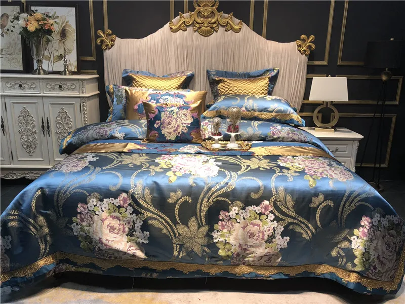 Navy Blue Luxury Silk Egyptian Cotton Satin Bedding Set Duvet Cover 100s 600tc High Counts Silk Egyptian Cotton Bedding Set Tribute Process It Is Soft And Silky Feeling Drape Better More Comfortable Breathable