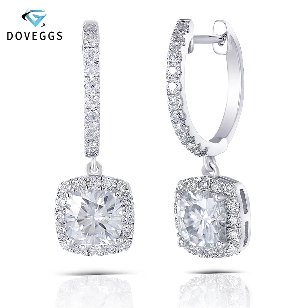 

DovEggs Sterling Platinum Plated Silver 2.74CTW Center 6*6mm GH Color Cushion Cut Moissanite Halo Hoop Earrings for Women