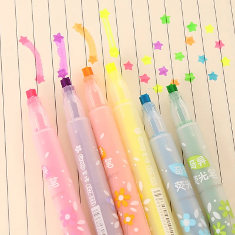 

6pcs/lot 13.5*1.5cm Cute Five-Pointed Star Highlighter Color Highlighter Graffiti Marker Pen Focus Circle Marker Pen