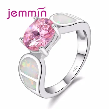 

S925 Sterling Sliver Halo Opal Engagement Ring Round Design Pink Rhinestone Crystal Gemstone Wholesale Ring Gifts For G