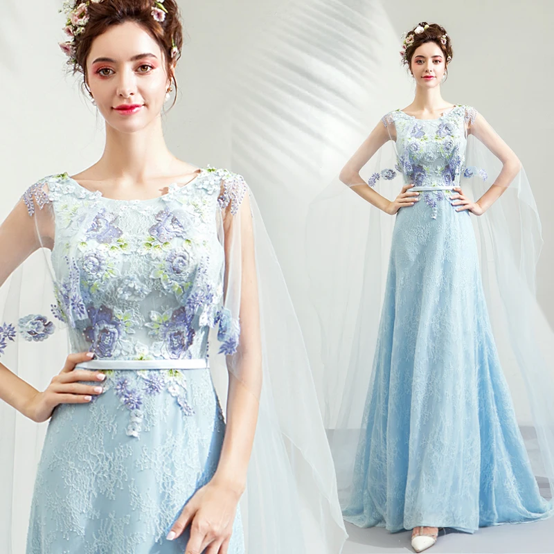 SSYFashion Новое светло голубое кружевное вечернее платье без рукавов длиной до пола