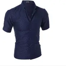 Белый Европейских и Американских мужской моды Скрывать темно-синий плед рубашки большой размер М-3XL тонкий Тонкий короткими рукавами рубашка#651240