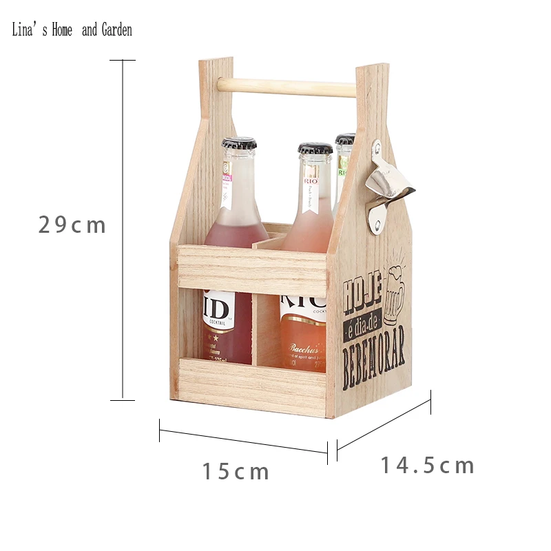 primitive 4 bottles wood wine carrier basket with bottle opener