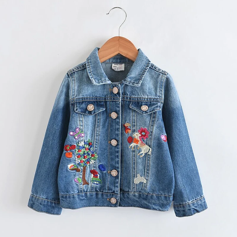 

Spring Autumn Girls Denim Coats Toddlers Denim Jackets Jackets for Girl Jean Coat Animal Flower Embroidery Girls Outerwear Coat