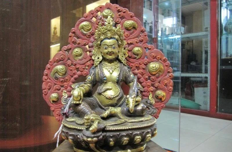 

10"Tibet 24K Gild Bronze Copper painted Yellow Jambhala Buddha statue 8.02