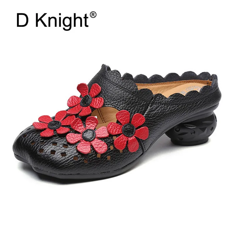 Genuine Leather Women Half Slippers Slip On Outdoor Med Heel Shoes Women Comfortable Slides Woman Driving Loafer Female Footwear (4)