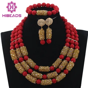 

Best Sale Gold Mix Red Nigerian Wedding Beads Charming African Plastic Necklace Sets Handmade Design Free Shipping QW903