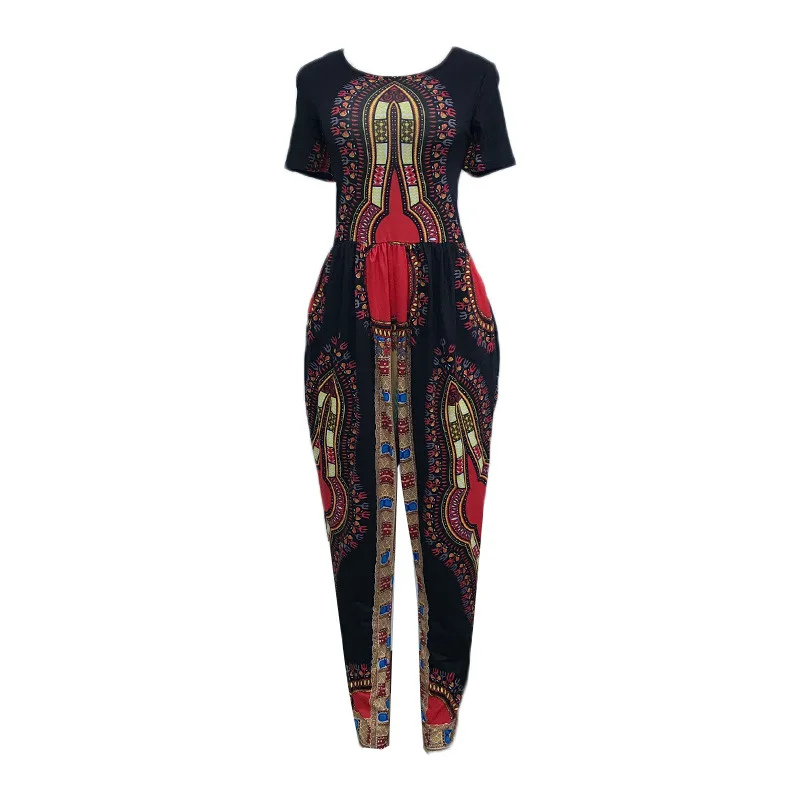 Waistbanded Slim Fitted Bodysuit 2018 autumn women's digital printing jumpsuit waist straps jumpsuit long Bohe onesies Fashion