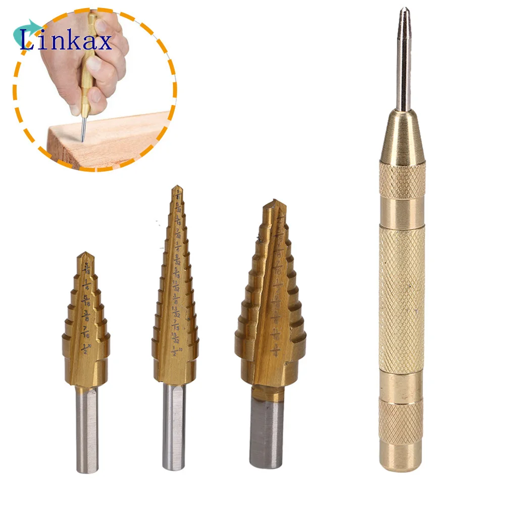 

4PCS HSS Titanium Coated Step Drill Bit for Metal/ Wood Drilling hole +Automatic Center Punch 3/16" to 1/2"six-step bit