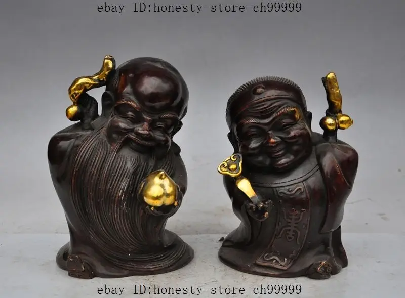

8"Mark China Bronze gilt Long Life Longevity Shouxing God Wife Star Pair Statue