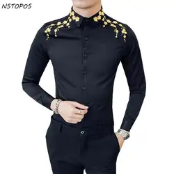 Для мужчин рубашка с вышивкой 2017 Зима золотистый и черный рубашка Для мужчин флис Свадебная вечеринка клуба элегантная рубашка Для мужчин
