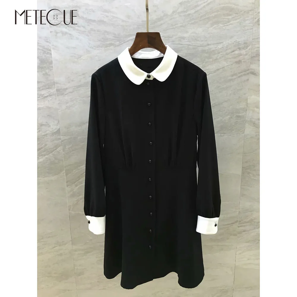 

Little Black Dress with White Collar 2019 Spring Summer Fashion Peter Pan Collar Long Sleeve Midi Dress 2019 Spring Summer
