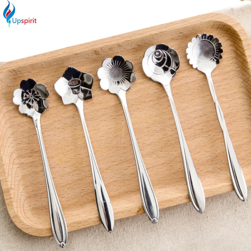 

5Pcs Tableware Flower Shape Sugar Stainless Steel Silver Tea Coffee Spoon Teaspoons Ice Cream Flatware Kitchen Tool Best Price