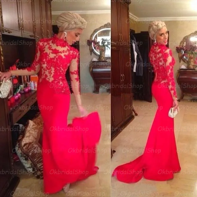 

Gorgeous Long Sleeve Prom Dresses 2015 Arabic Style Mermaid High Neck Applique Floor Length Red Prom Dress