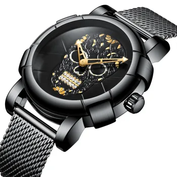 

BIDEN brand black male clocks mens Skull wristwatches quartz 316L stainless steel man watches 30m waterproof luminous Mesh belt