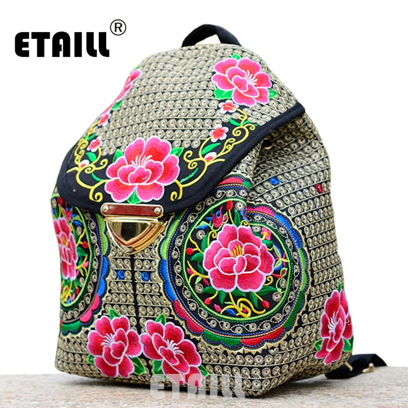 

Ethnic Flower Embroidery Backpacks National Wind Personality Boho Thai Embroidered Canvas Drawstring Travel Bags Sac a Dos Femme