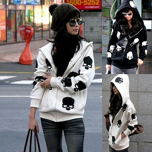 

Women's Skull Zipper Sweater Hooded Cardigan Casual Hoodies Jacket Coat Tops