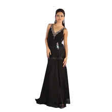 Frauen Formale Kleid Langes Kleid Mit V-ausschnitt Sheer Zurück Schwarz Chiffon Perlen Abendkleid Benutzerdefinierte Größe