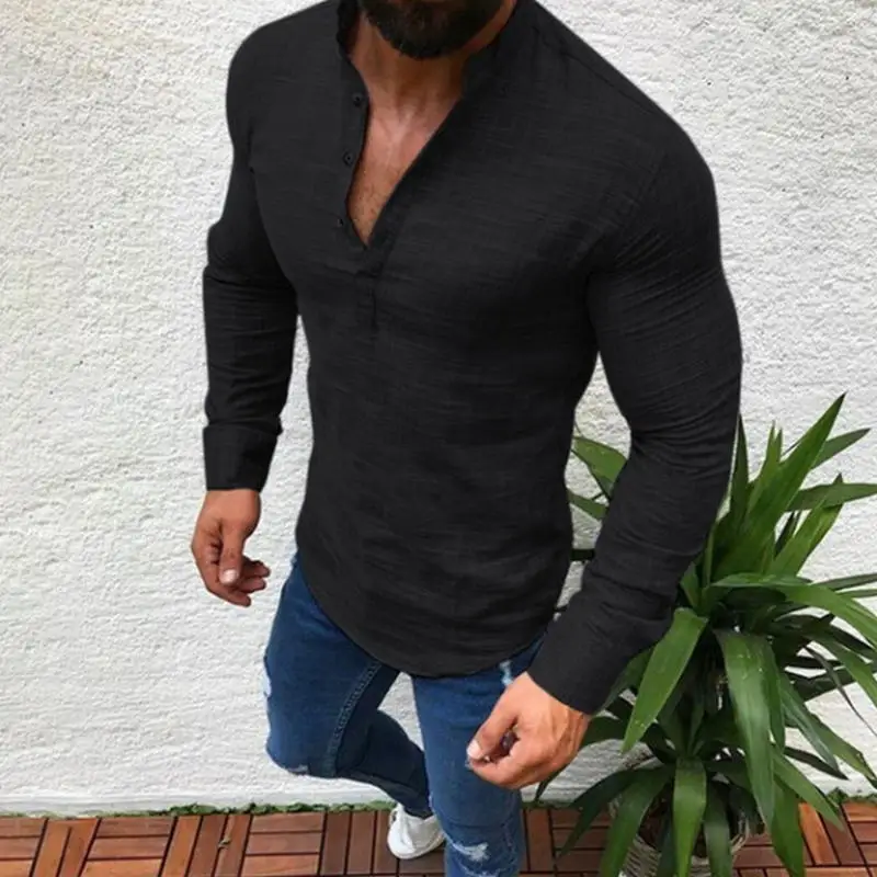 Сексуальная Новая мужская блузка с длинным рукавом летняя модная повседневная крутая одежда облегающие футболки топы Мужские дышащие льняные рубашки - Цвет: Черный