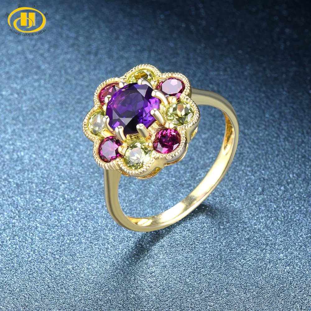 

Hutang Engagement Wedding Ring Natural Multi Gemstone Amethyst Rhodolite Garnet Peridot Solid 925 Sterling Silver Stone Jewelry
