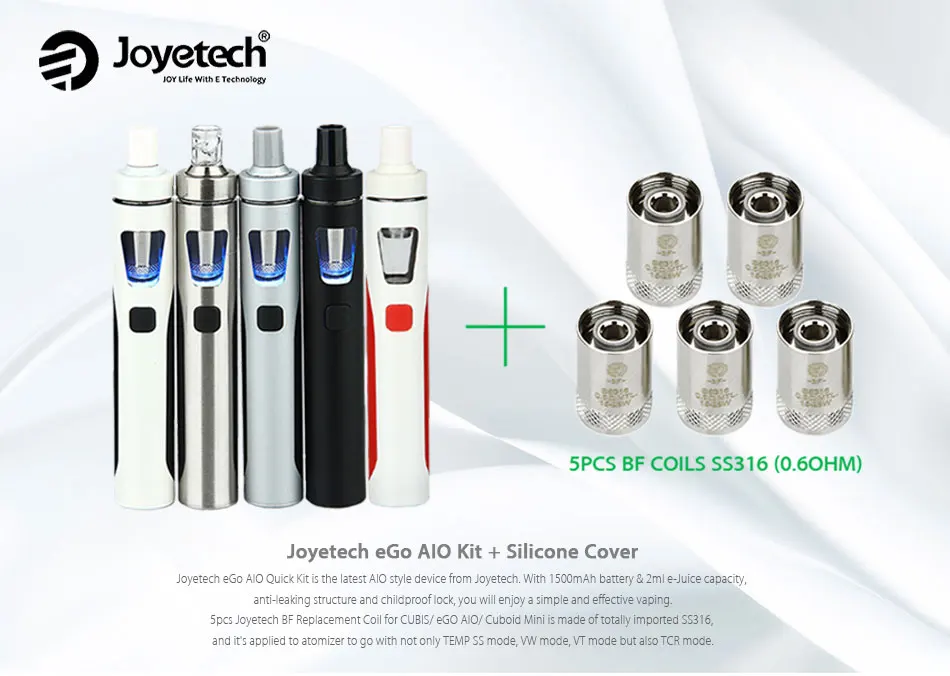 100% Original Joyetech EGo AIO Kit 1500mAh Battery with 2ml atomizer tank with BF SS316-0.6ohm coil E-Cig Ego Aio Quick Kit vape