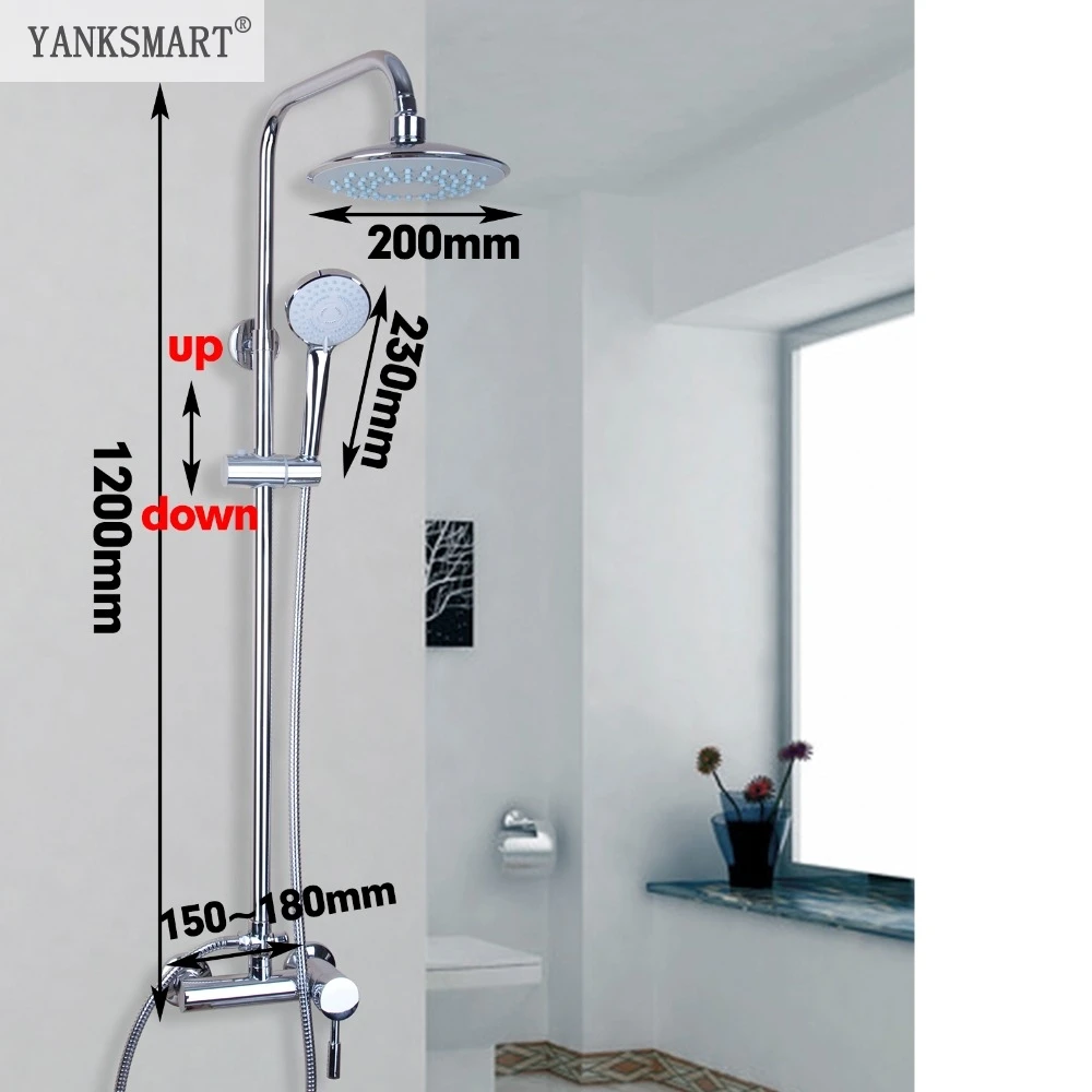 

YANKSMART Bath&Shower Faucet Wall Mounted Polished Chrome Mixer Tap Round 8" Rainfall Shower Faucet Set With Bathroom Hand Spray