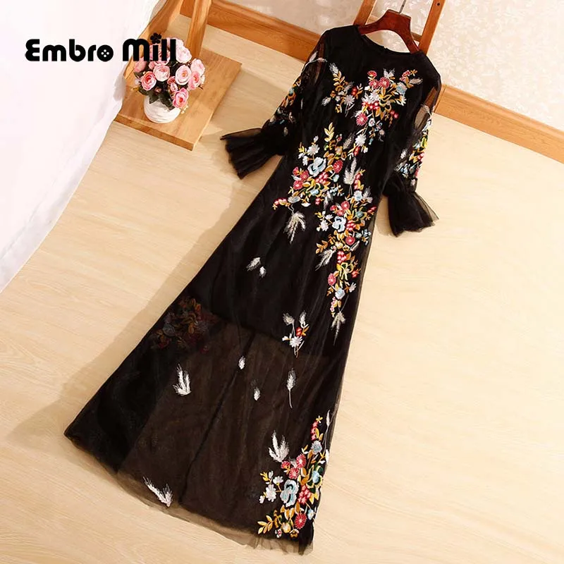 

The New autumn Mesh dress Streetwear style Exquisite embroidery O-neck Slim Bell sleeve women's Long dress S-XL