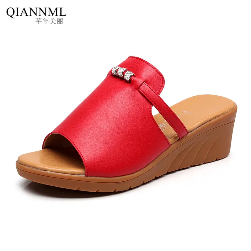 Qiannml Med Heels Women's Wedges Slides Summer Split Leather Shoes 2021 Rhinestone Platform Slippers Woman Plus Size Shoe | Обувь
