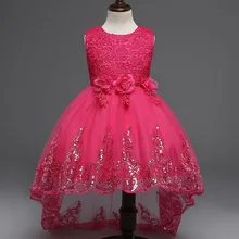 Fashion Girls White Dresses Summer 2017 Girls High Low Dress with Long Tails Kids Sequined Dress Girl Handmade Flowers Clothing
