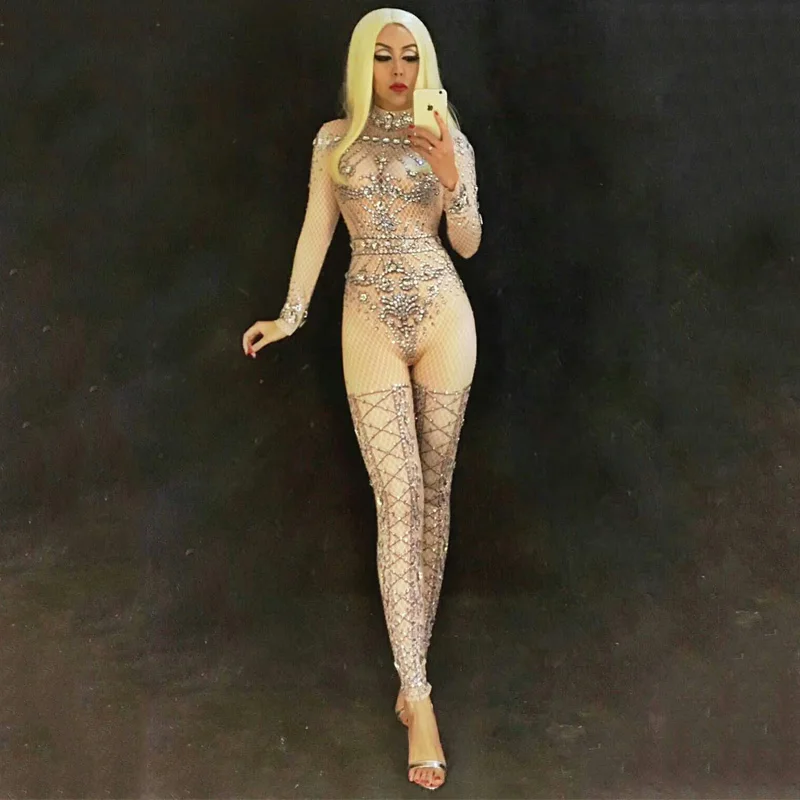 

new Women Sexy Stage Big Rhinestones Jumpsuit Glisten Bodysuit Dance Costume Birthday Celebrate Singer Dance Evening Bodysuit