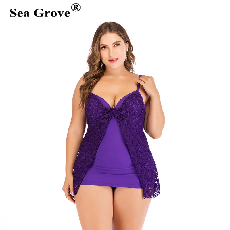 

Plus Size swimwear Women Geometric Front Slit Tankini Set Underwire Padded solid Female Big Size Beach Bathing Suit Swimsuit
