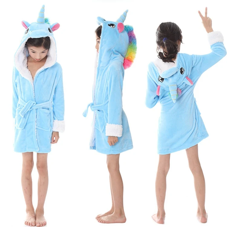 Новинка; банные халаты для маленьких девочек с единорогом; детский балахон с капюшоном; детский фланелевый банный халат; Пижама с рисунком панды; одежда для сна - Цвет: blue tenma
