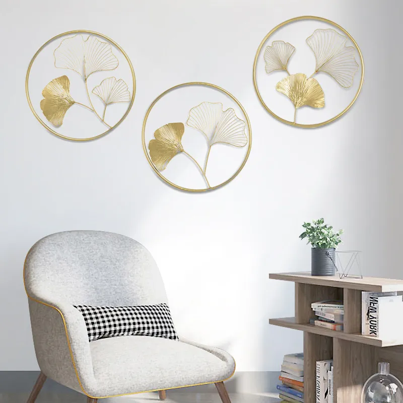 

New Chinese Round Ring Metal Ginkgo Leaf Home Porch Wall Decoration Crafts Living room Wall Hanging Ornaments Wall Sofa Murals