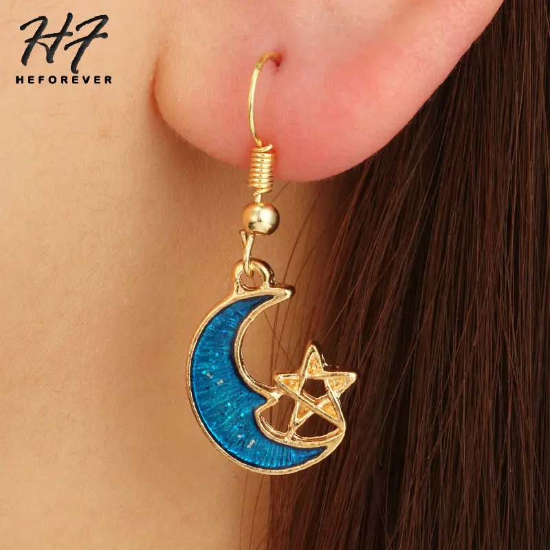 Romantic Dreaming Gold Color Sun Moon Star Earth Drop Earrings for Women Geometric Electroplate Piercing Earing Jewelry KB332