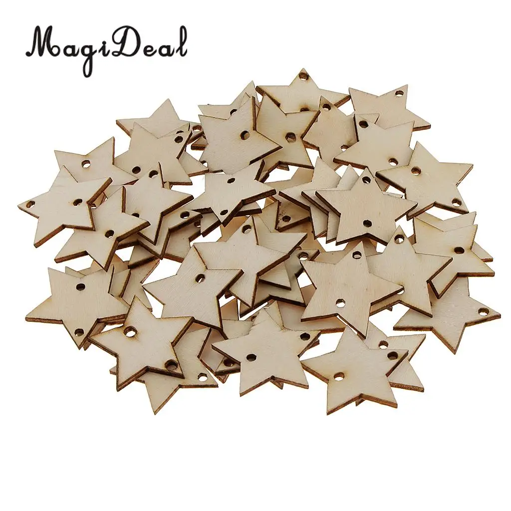 50pcs 35mm Unfinished Wooden Disc Star Tags MDF Wood Cutouts Crafts Embellishment With 2 Holes for DIY Wooden Board Decorations
