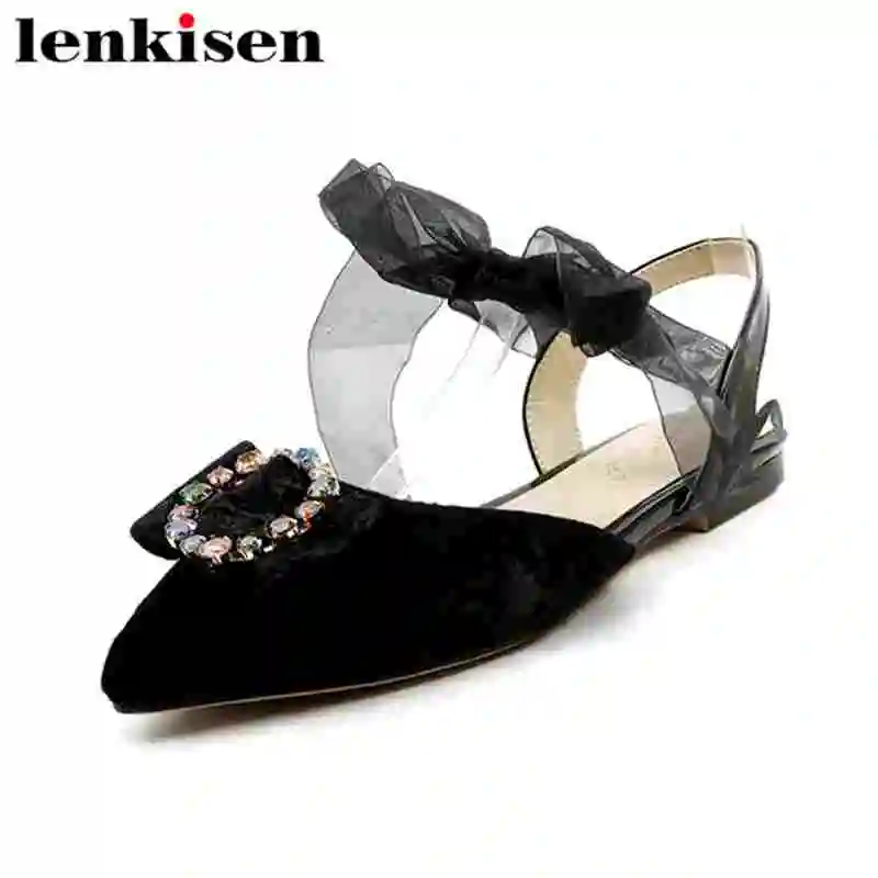 

Lenkisen Princess style large size flannel pointed toe lace up crystal riband bow-knot low heels runway party women sandals L6f3