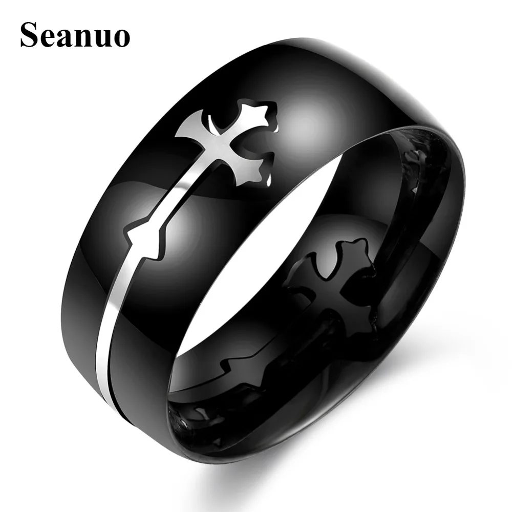 

Seanuo 8MM High Polished Detachable Cross Men Wedding Rings Jewelry Fashion Stainless Steel Women Jesus Pray Finger Rings Couple